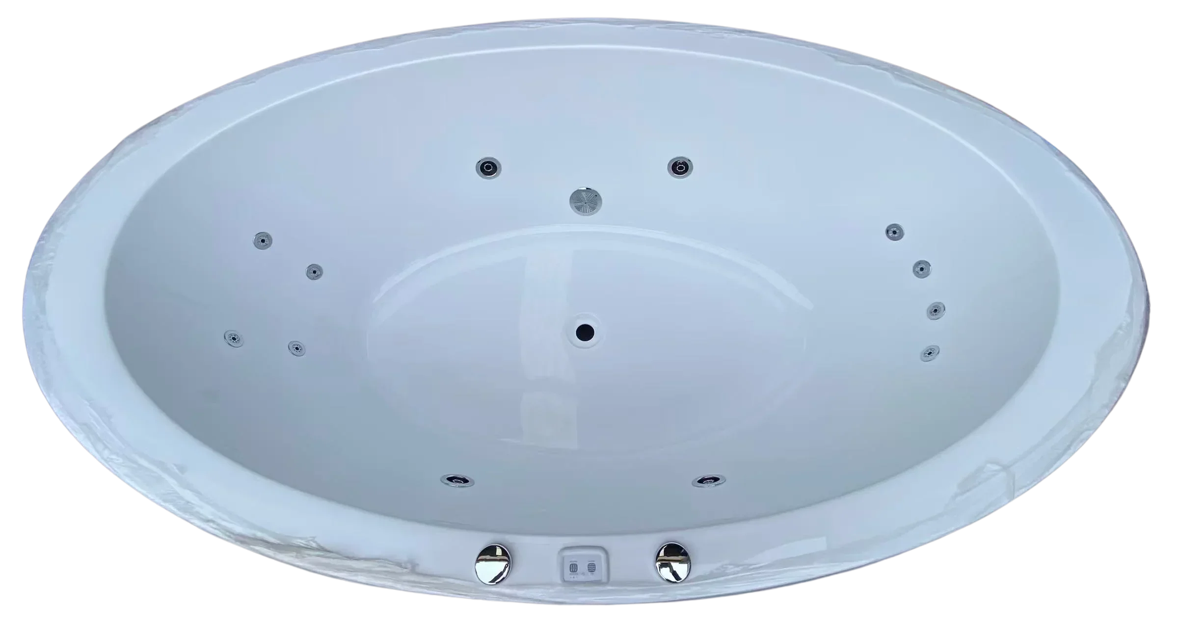 Modern white round freestanding bathtub with 12 hydro jets and control panel from Secasa Home