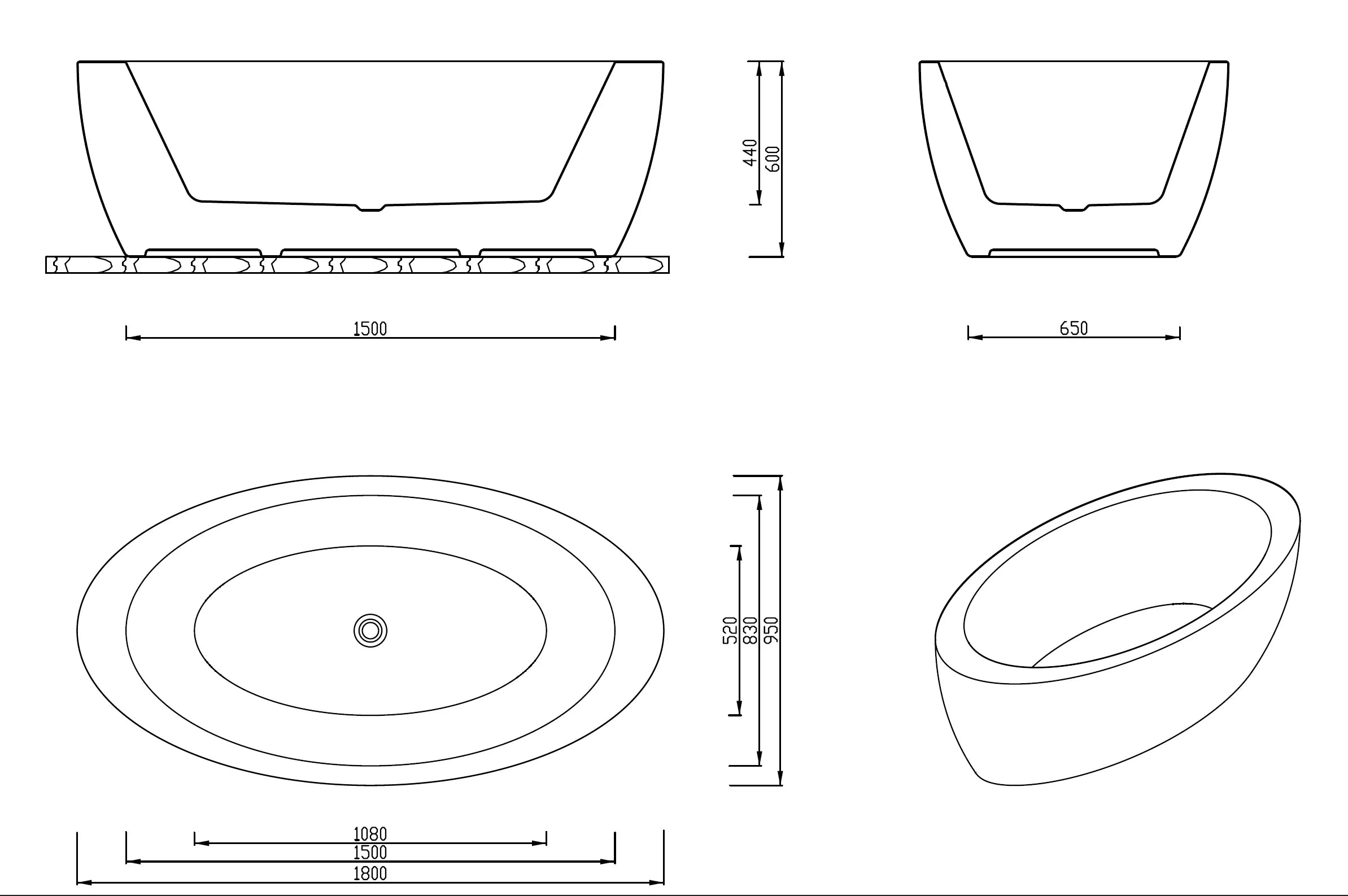 Technical diagram showing dimensions for the Broadway Aplauso Oval Spa 1800x950x600mm