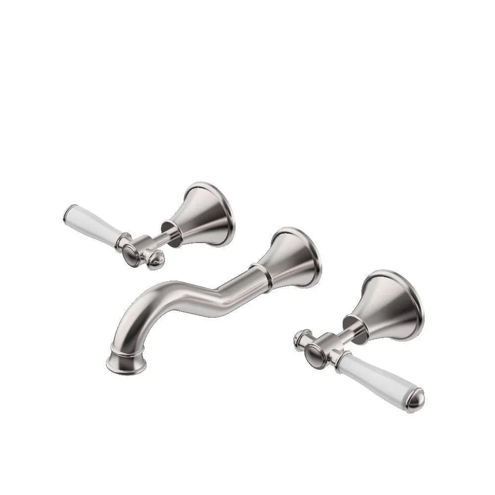 Modern chrome wall-mounted bathroom tapware set with white handles from Secasa Home