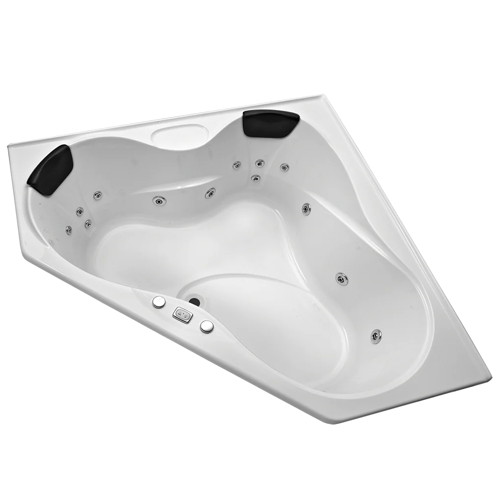 Gloss white corner drop-in spa bath with dual black headrests and multiple jet nozzles