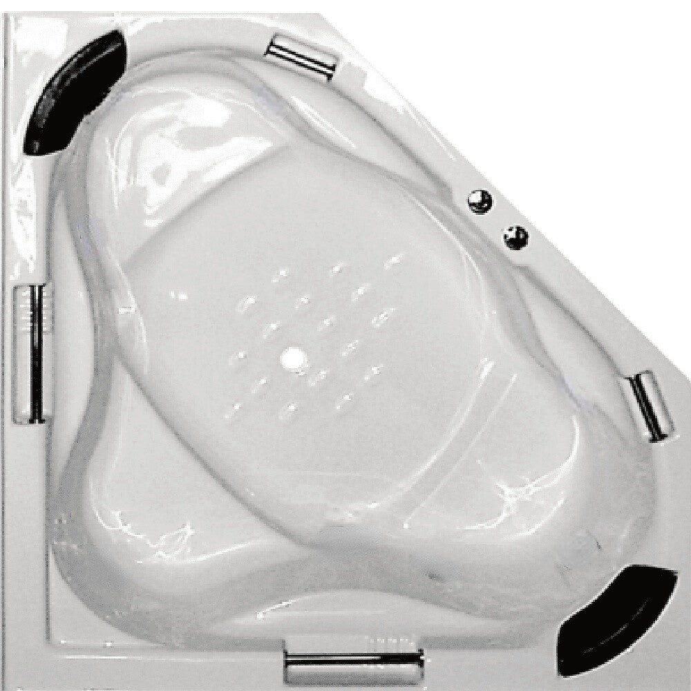 Broadway Alhambra 1490mm Gloss White Acrylic Drop-in Corner Bathtub with a smooth finish and black accents around the overflow holes.