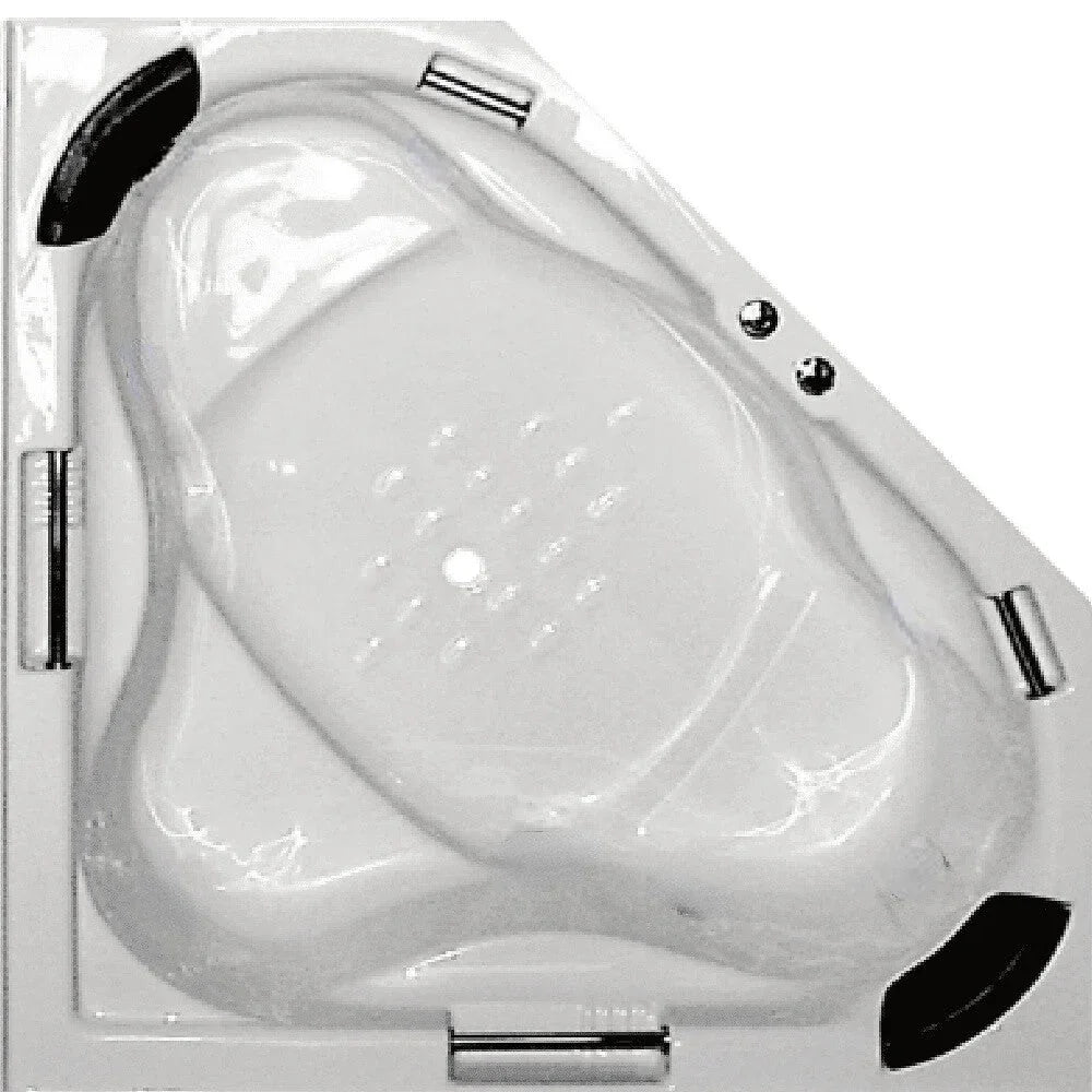 Acrylic drop-in corner bathtub with ergonomic design and built-in armrests, modern bathroom style.