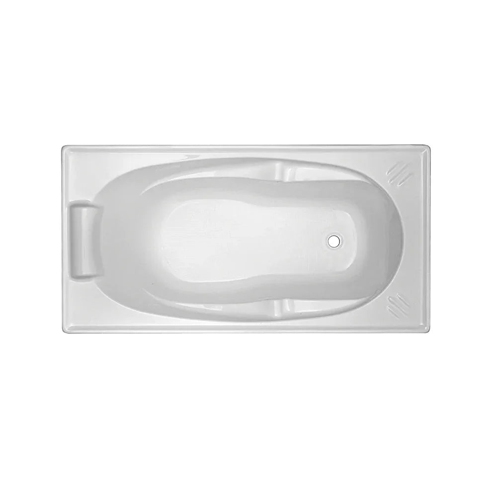Modern white built-in acrylic bathtub, rectangular, with smooth contours and side armrest