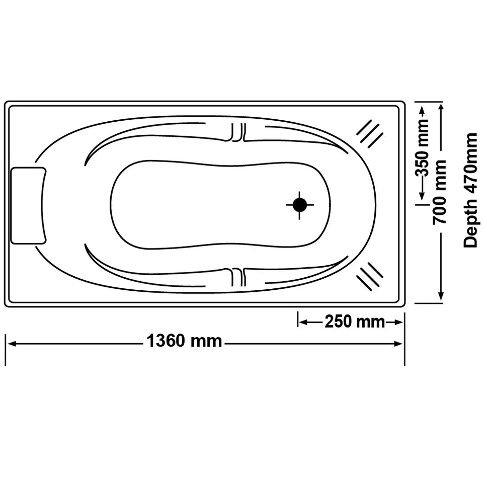 Technical diagram of Broadway Alita 1360x700mm freestanding bath with measurements