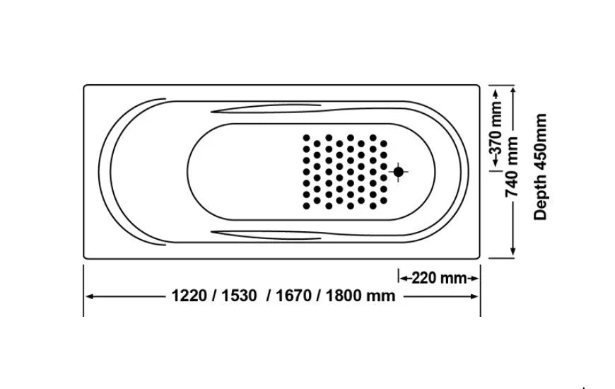 Broadway Allura rectangular built-in bath technical diagram with dimensions from Secasa Home
