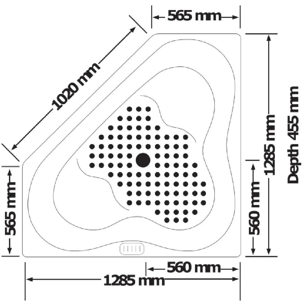 Broadway Almina 1285mm corner spa technical diagram with dimensions and layout details