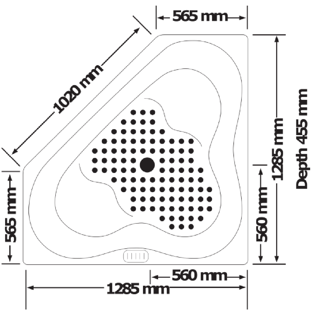 Technical diagram showing all dimensions and plumbing specifications for the Broadway Almina 1285mm Corner Spa Bat