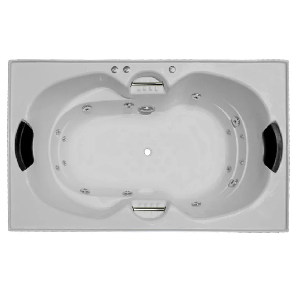 White drop-in spa bath with jets, black headrests, and chrome handle, Secasa Home bathroom