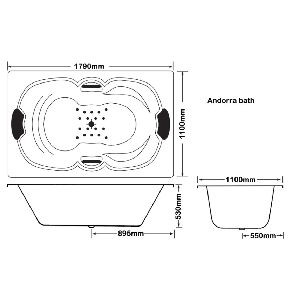 Broadway Andorra bath technical diagram with dimensions, spa specs, modern bathroom design