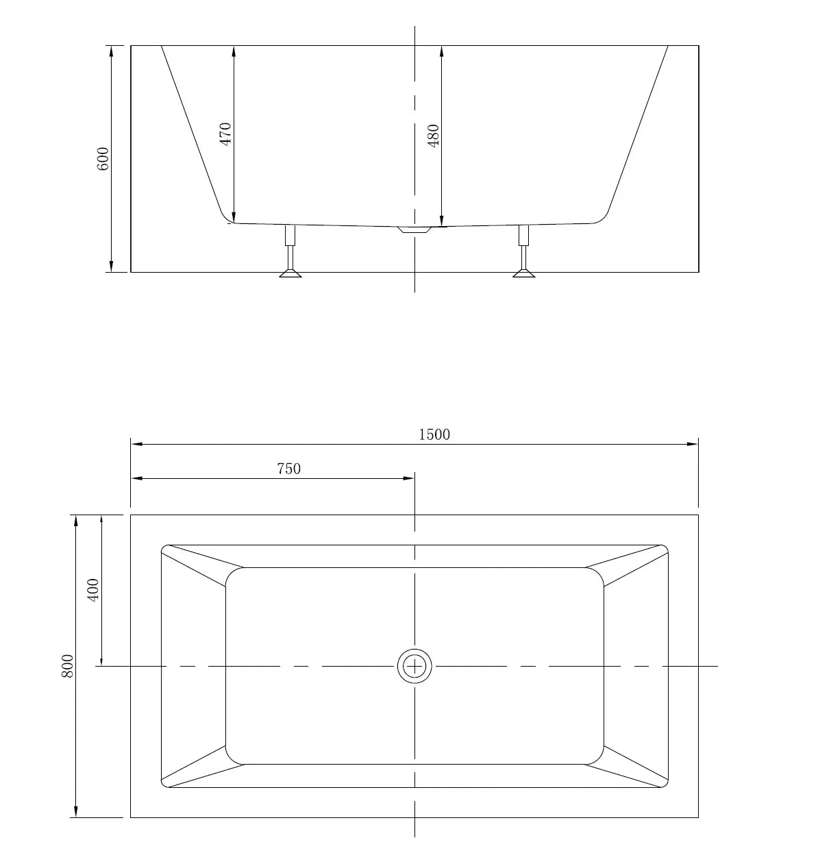 Broadway 1500mm freestanding bath dimensions diagram, modern rectangular bath design