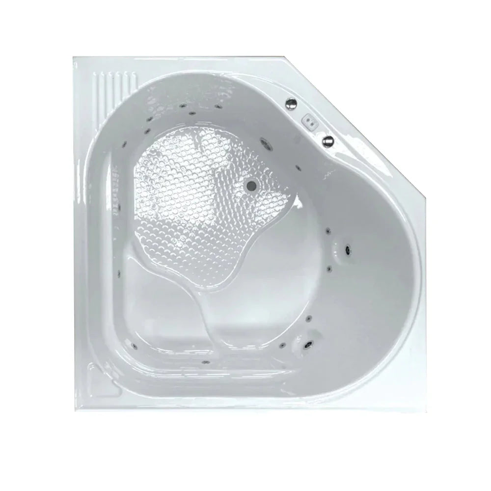 Gloss white corner drop-in spa bath with textured seat and jets, modern bathroom design
