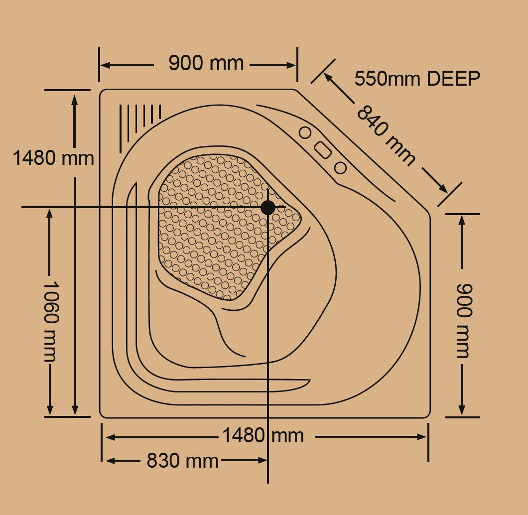 Technical diagram showing all dimensions and plumbing specifications for the Broadway Barda 1480mm Corner Spa Bathtub.