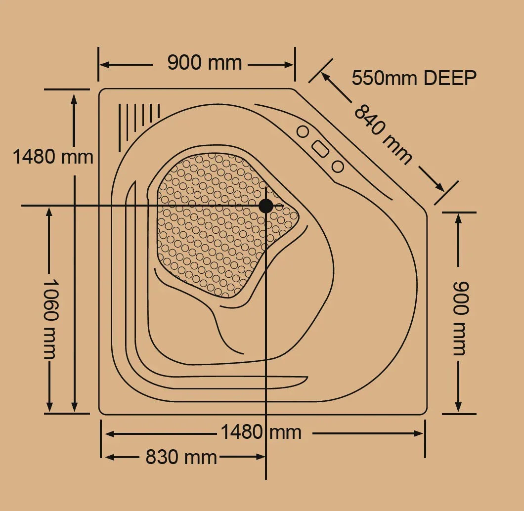Broadway Barda 1480mm corner spa bath technical diagram showing dimensions and specifications