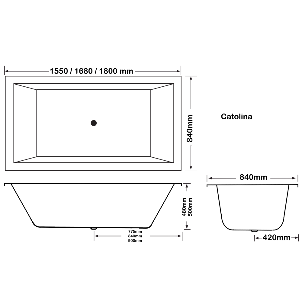 Technical diagram showing dimensions, plumbing, and pump specifications for the Broadway Catolina Drop-in Spa Bathtub (multiple sizes).