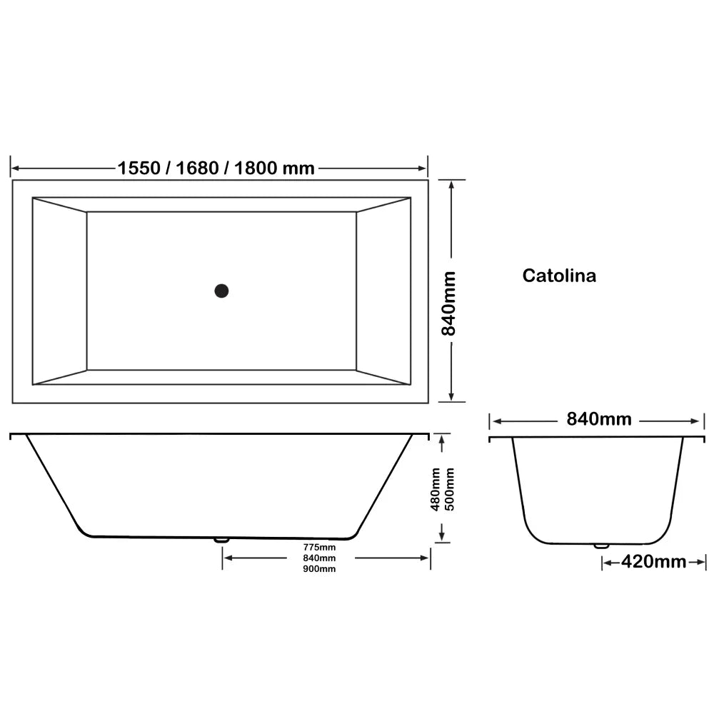 Broadway Catalina drop-in spa bath technical diagram with dimensions, Secasa Home bathroom
