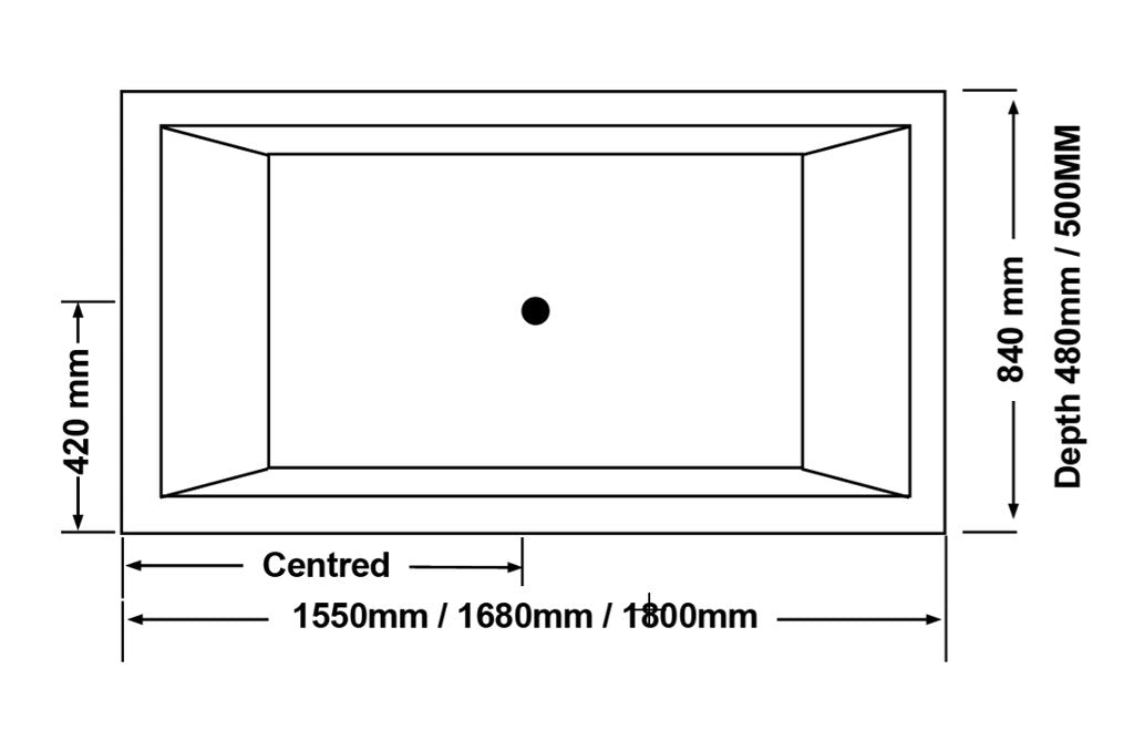 Technical diagram showing dimensions and plumbing specifications for the Broadway Catolina Built-in Bathtub (multiple sizes).