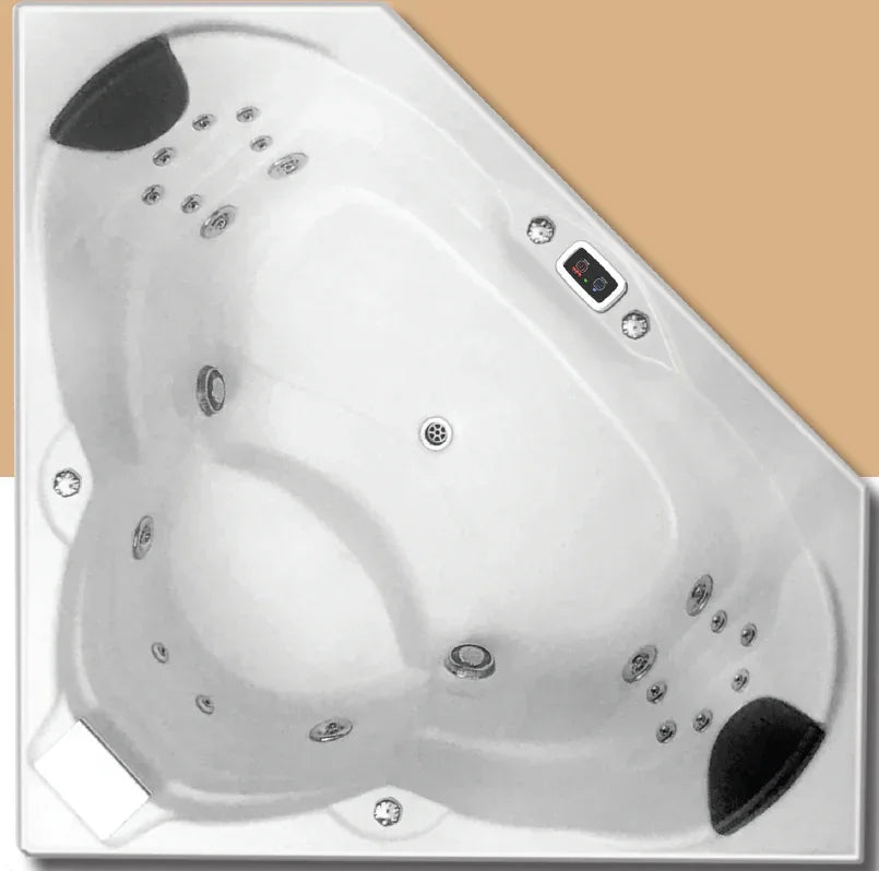 Modern corner spa bath with electronic touchpad and jet controls, Secasa Home bathroom design