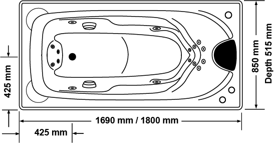 Technical diagram showing all dimensions and plumbing specifications for the Broadway Elise 16-Jet Drop-in Spa Bath.