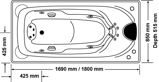 Broadway Elise 16-jets spa bath technical diagram with measurements, Secasa Home bathroom