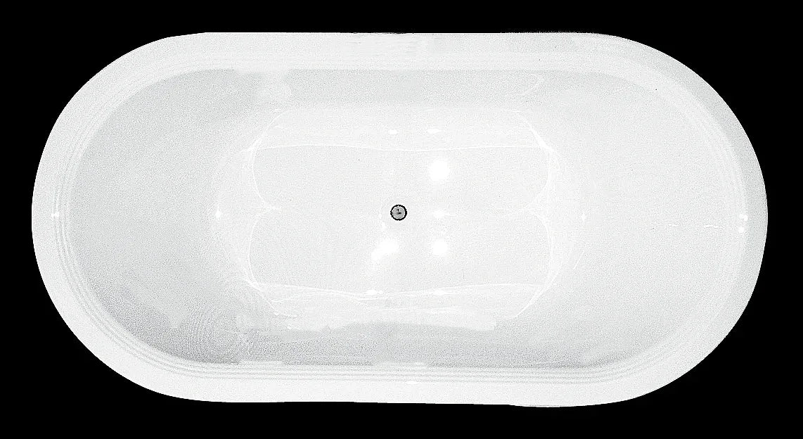 White acrylic oval drop-in bathtub with central drain, modern bathroom style
