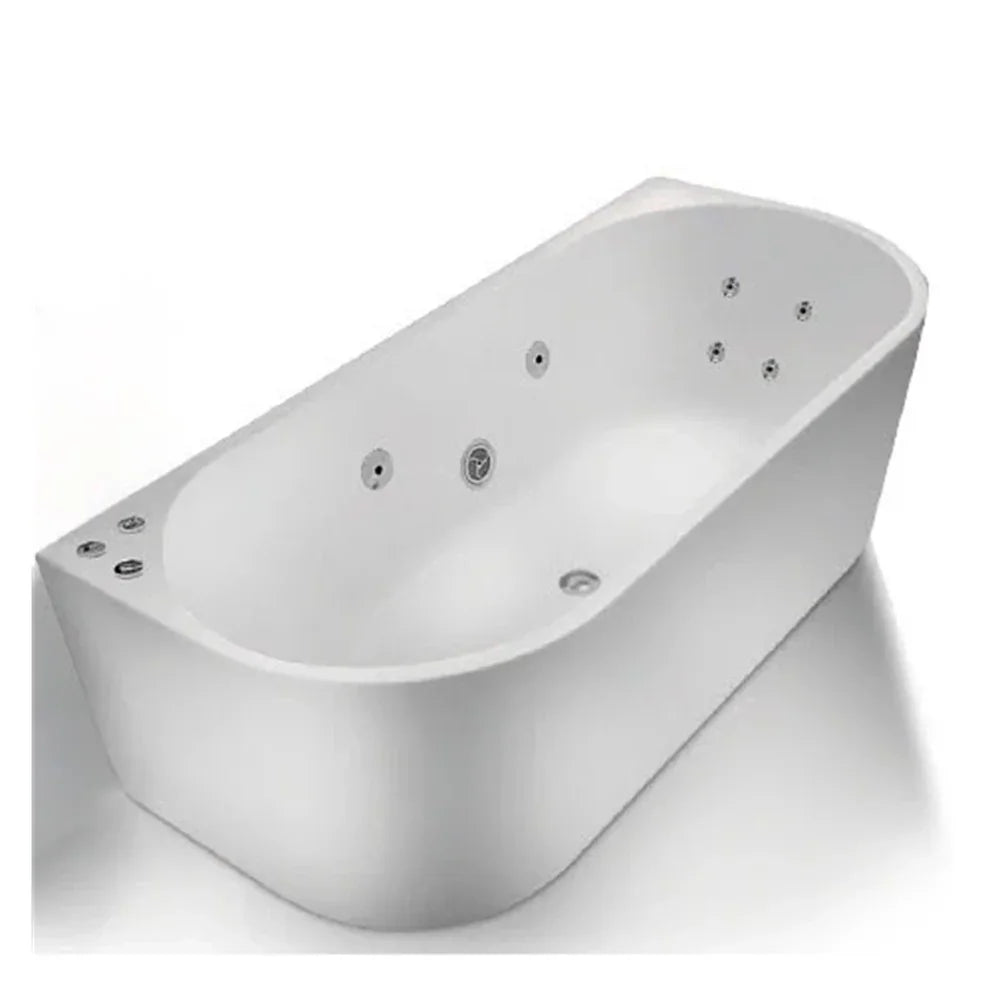 Gloss white back-to-wall freestanding spa bath with jets, modern bathroom design