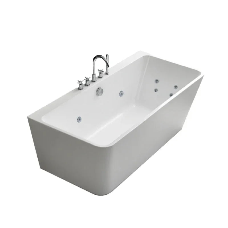 Gloss white back to wall freestanding spa bath with 10 jets and chrome tapware