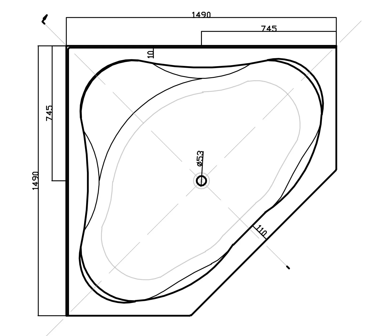 Technical dimensions diagram for the Broadway FS53 corner bathtub 1490 x1490mm