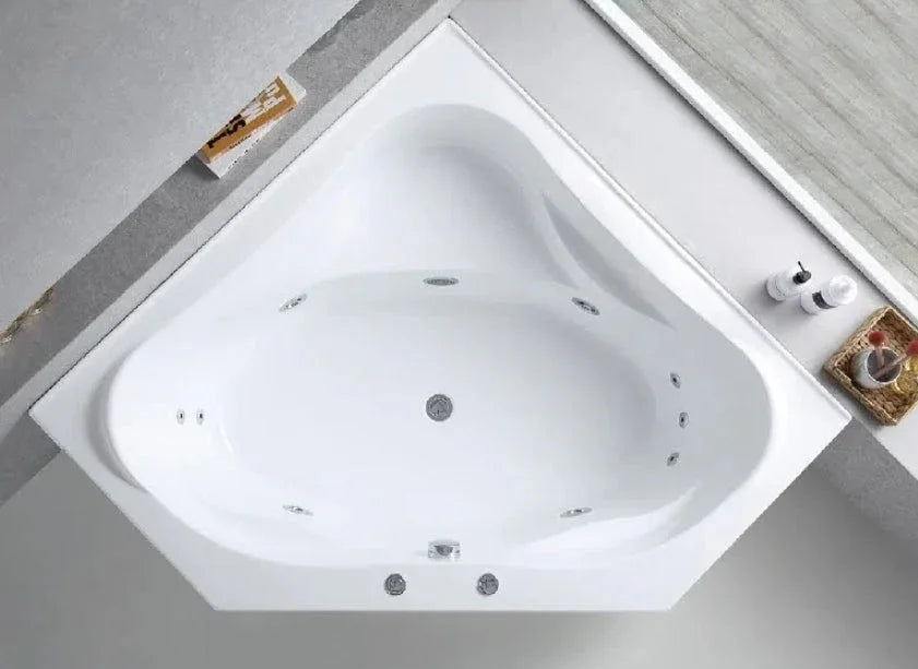 Modern corner freestanding spa bath with jets, top view, styled bathroom by Secasa Home