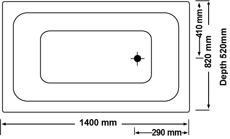 Technical diagram showing all dimensions and plumbing specifications for the Broadway Grandisimo 1400mm Drop-in Rectangular Spa Bathtub.