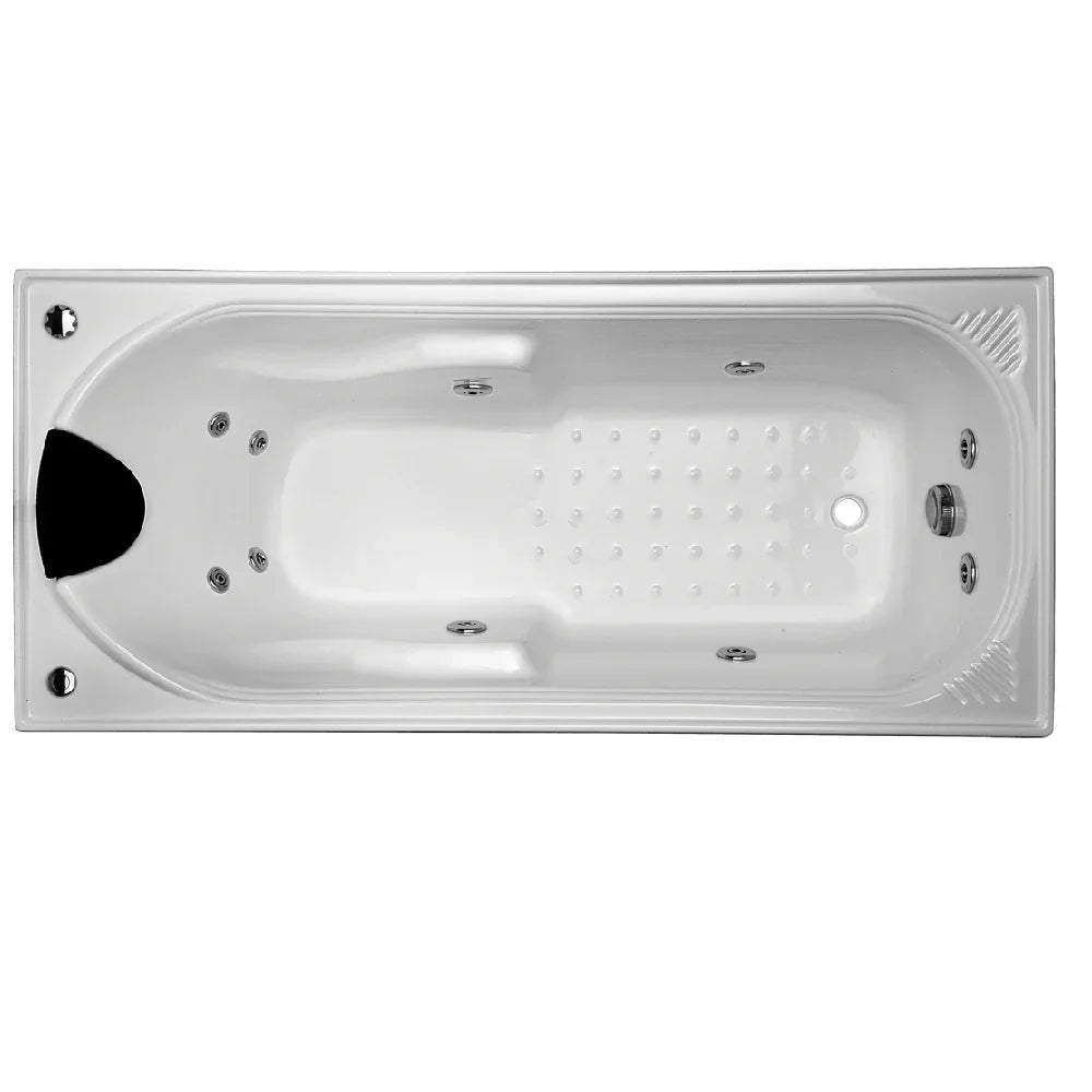 White acrylic drop-in spa bath with multiple jets and headrest, modern bathroom design
