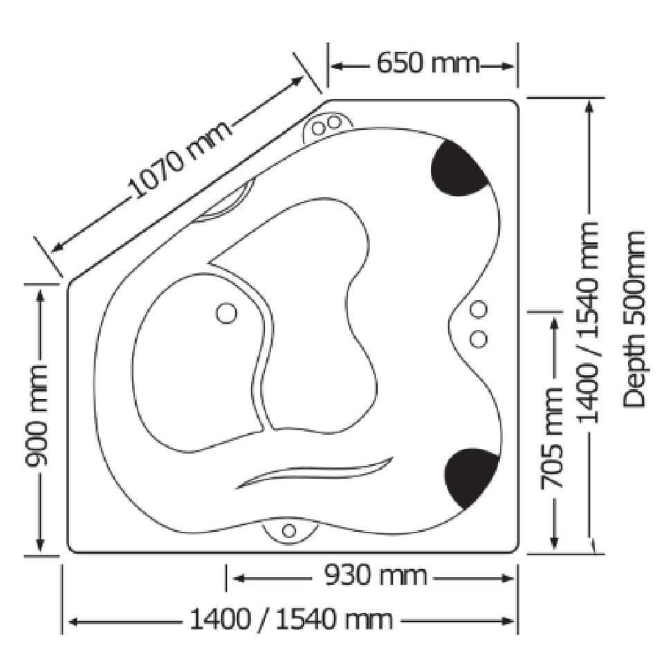 Technical diagram showing dimensions and plumbing specifications for the Broadway Karmen 1400mm / 1540mm Corner Spa Bath.