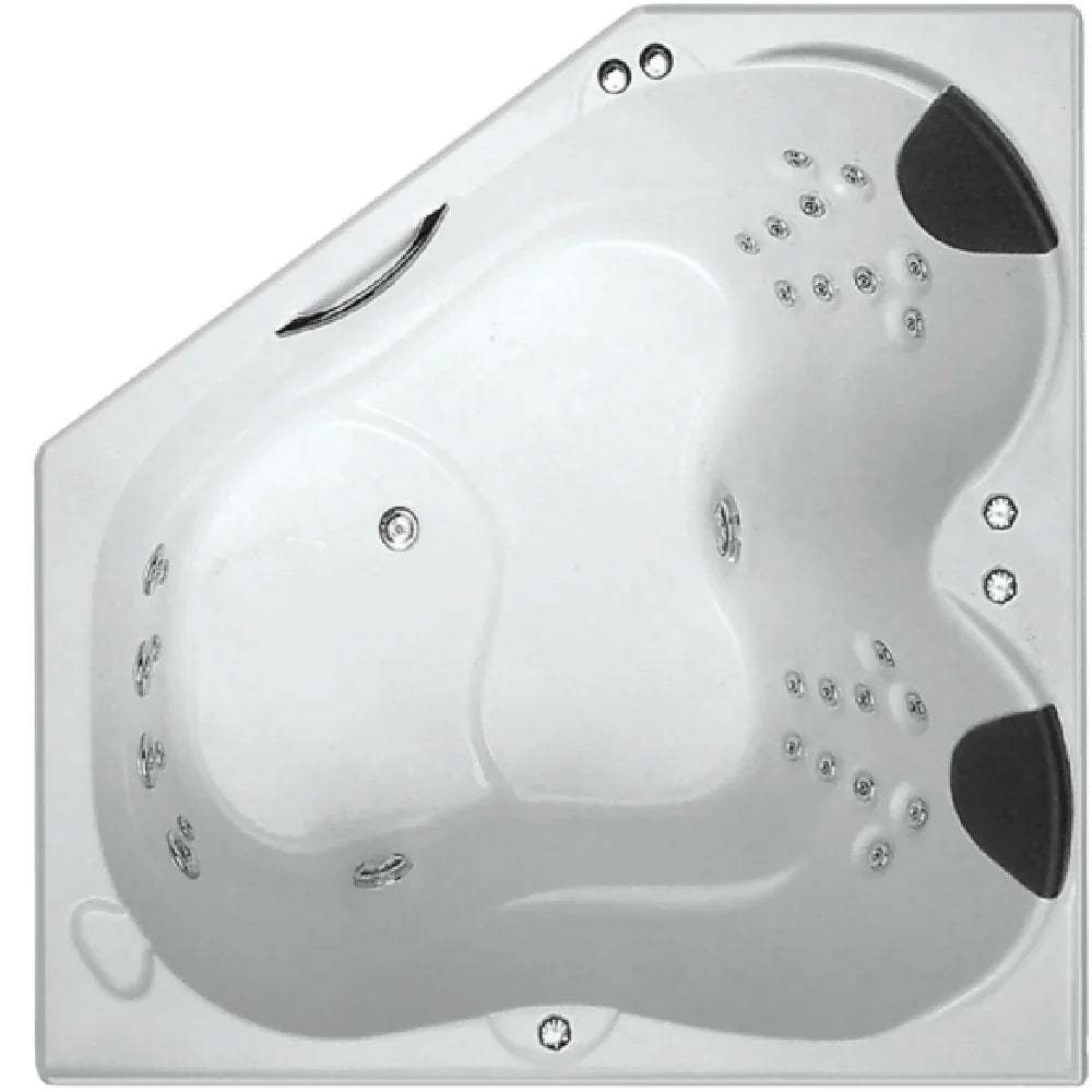Gloss white corner spa bath with 28 jets, ergonomic headrests, modern bathroom design
