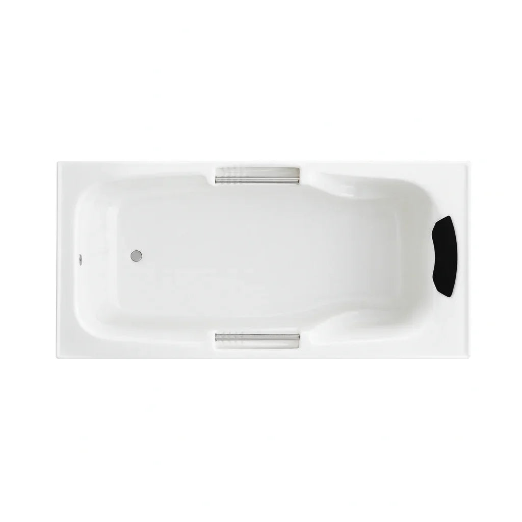 Modern white 1725mm drop-in acrylic bathtub with chrome handles and black headrest, Secasa Home
