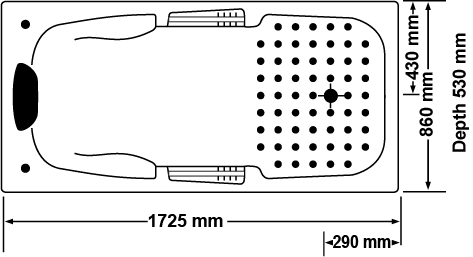 Technical diagram showing all dimensions and plumbing specifications for the Broadway Marchena 1725mm Built-in Bathtub.