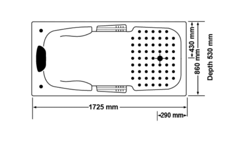 Rectangular spa bath technical diagram with measurements, Secasa Home modern bathroom product