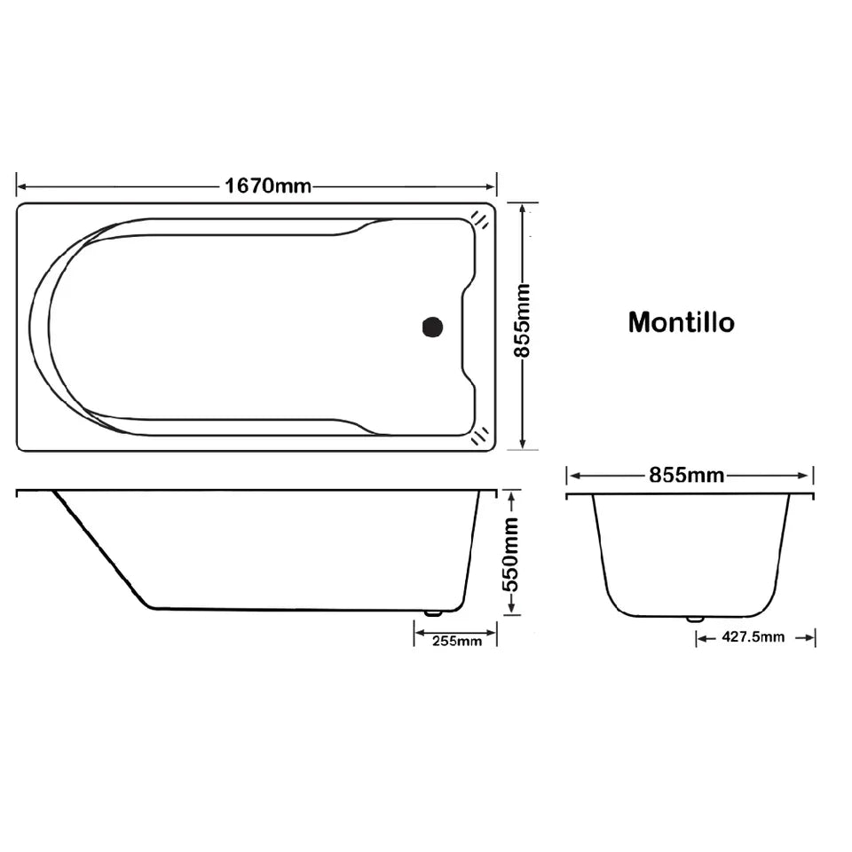 Montillo freestanding bath technical diagram with dimensions 1670x855mm, Secasa Home