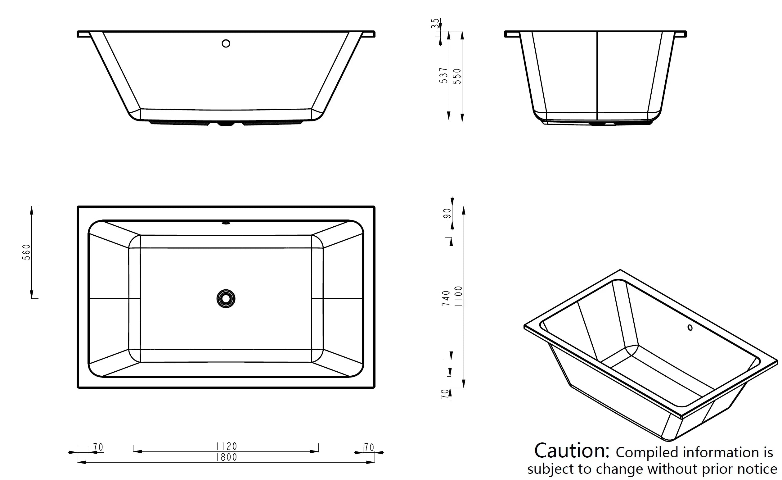 Broadway Quadrato 1800x1100mm spa bath technical diagram with measurements by Secasa Home