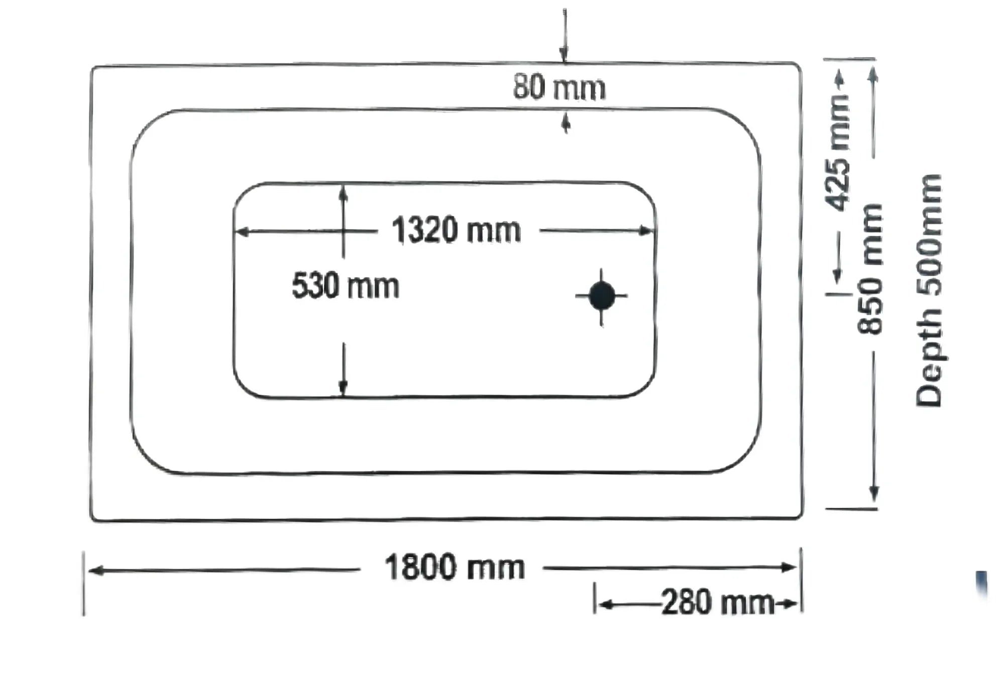 Broadway Tano 1800x850mm rectangular spa bath technical diagram with measurements