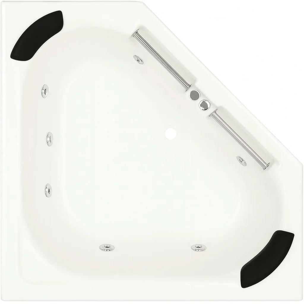 Gloss white corner drop-in spa bath with headrests and stainless steel rails, modern design