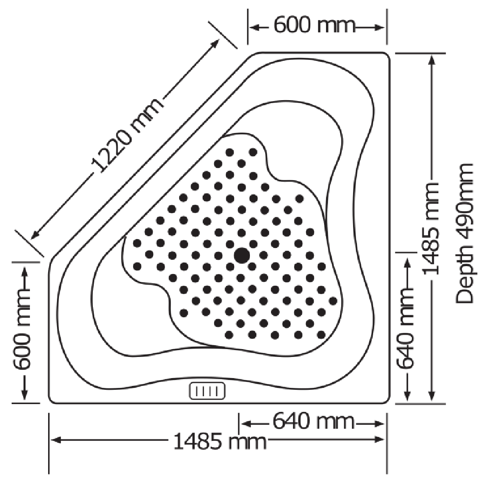 Broadway Zamora 1485mm corner spa bath technical diagram with measurements for Secasa Home bathroom renovations