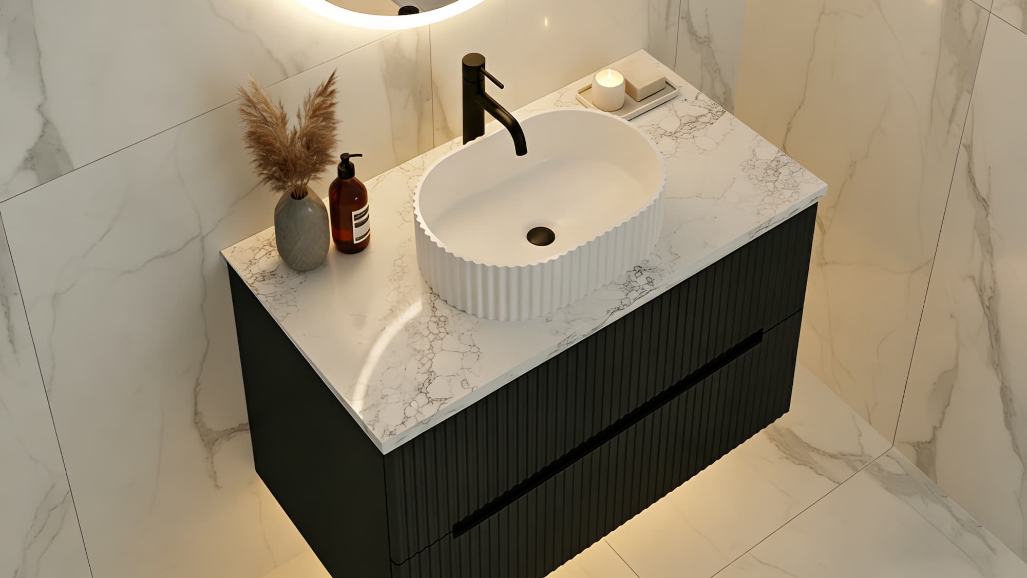 Modern bathroom vanity featuring Calacatta White WG486 Zero Silica Engineered Stone Top with center waste
