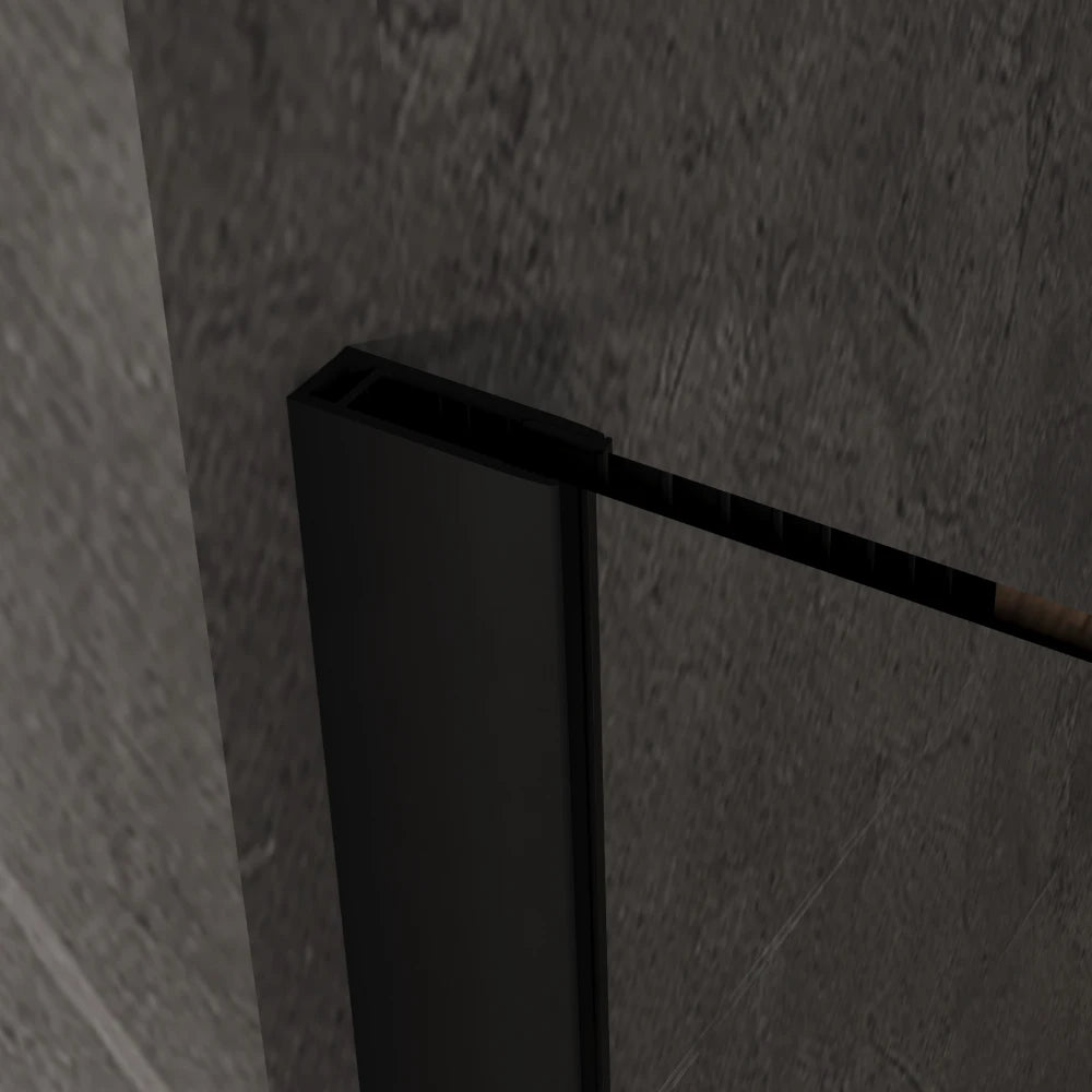 Black U-channel wall support hardware detail for Covey frameless walk-in shower screen