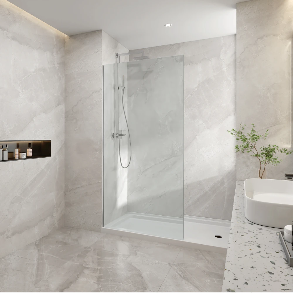 Covey frameless walk-in clear shower screen panel with U-channel support in 10mm toughened safety glass