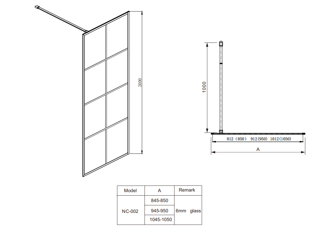 Technical drawing of a Covey NC002SG matte black framed walk-in shower screen with dimensions and model details.