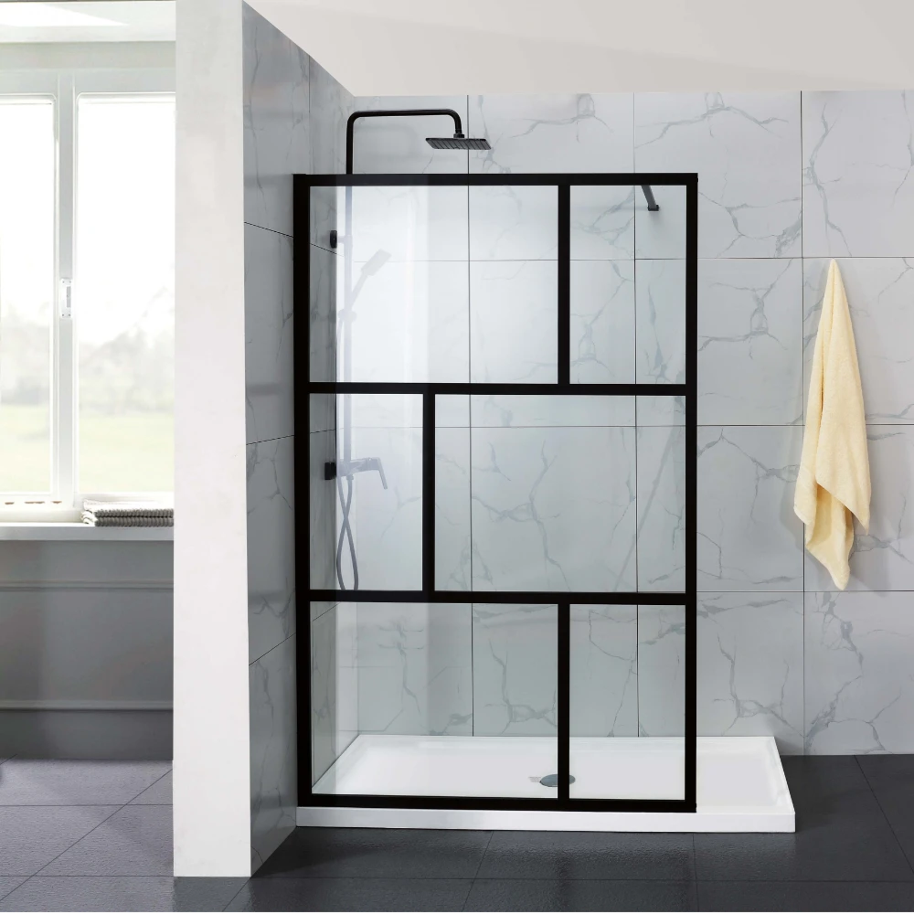 Covey NC003SG matte black framed walk-in shower screen with 6 irregular printed grills and support bar.