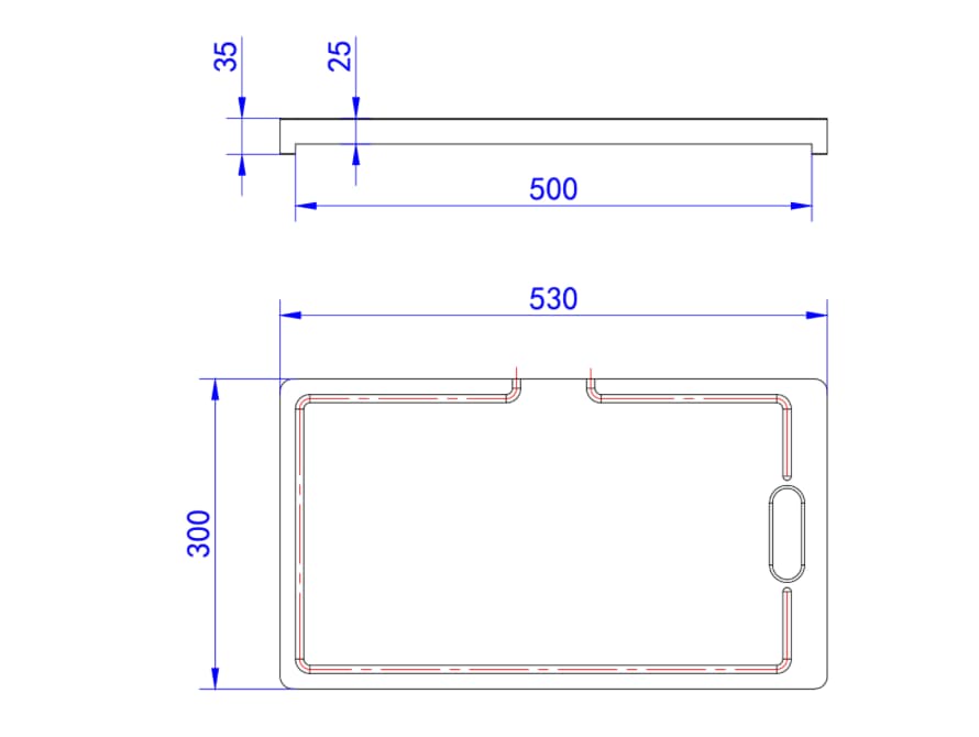 Dimension drawing Crete chopping board LK-CB0010 with handle slot