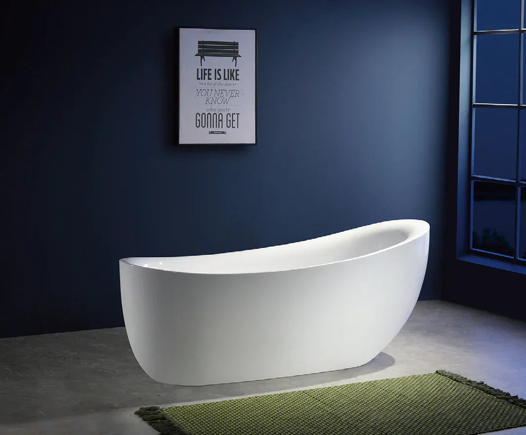 Modern white freestanding bath in contemporary bathroom with dark blue walls and window