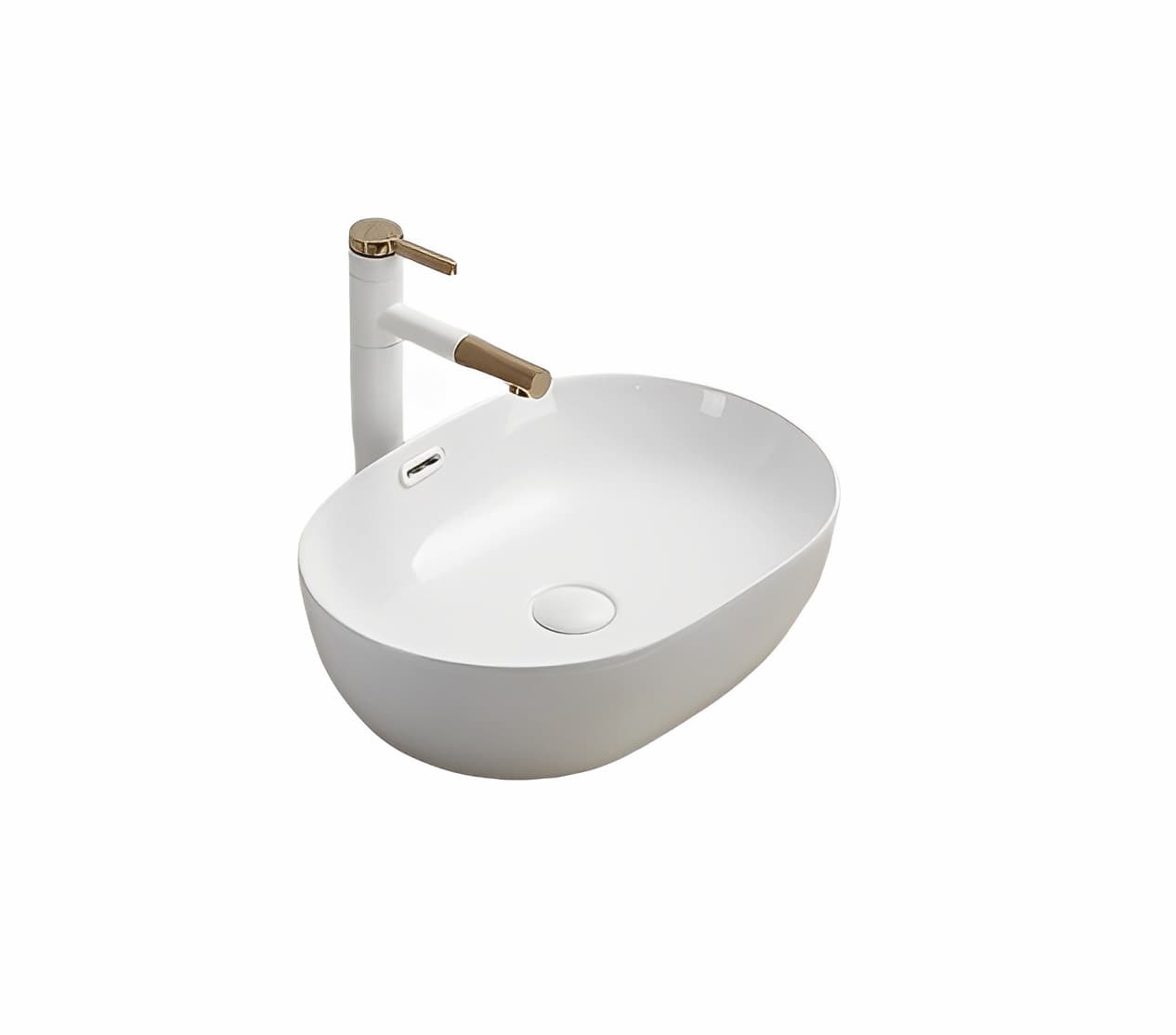 Lukka Ellips oval fine ceramic above counter basin (LK-ELA490 series) in Gloss White, showcasing its elegant profile and visible overflow hole.