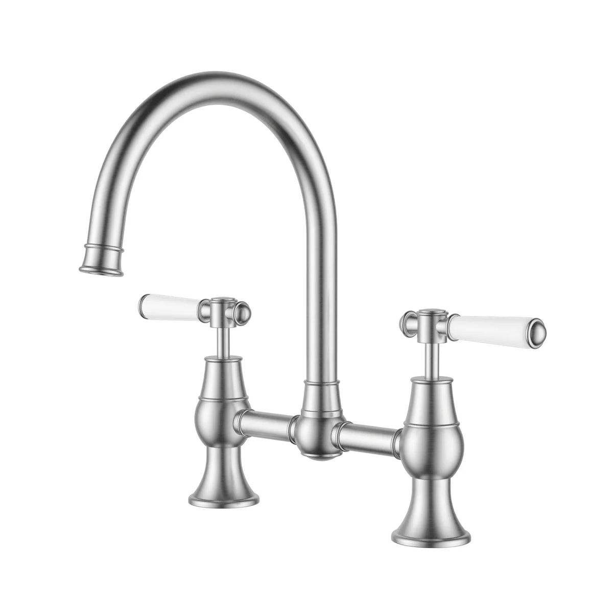 IKON Clasico bridge kitchen tap with ceramic handles – brushed nickel