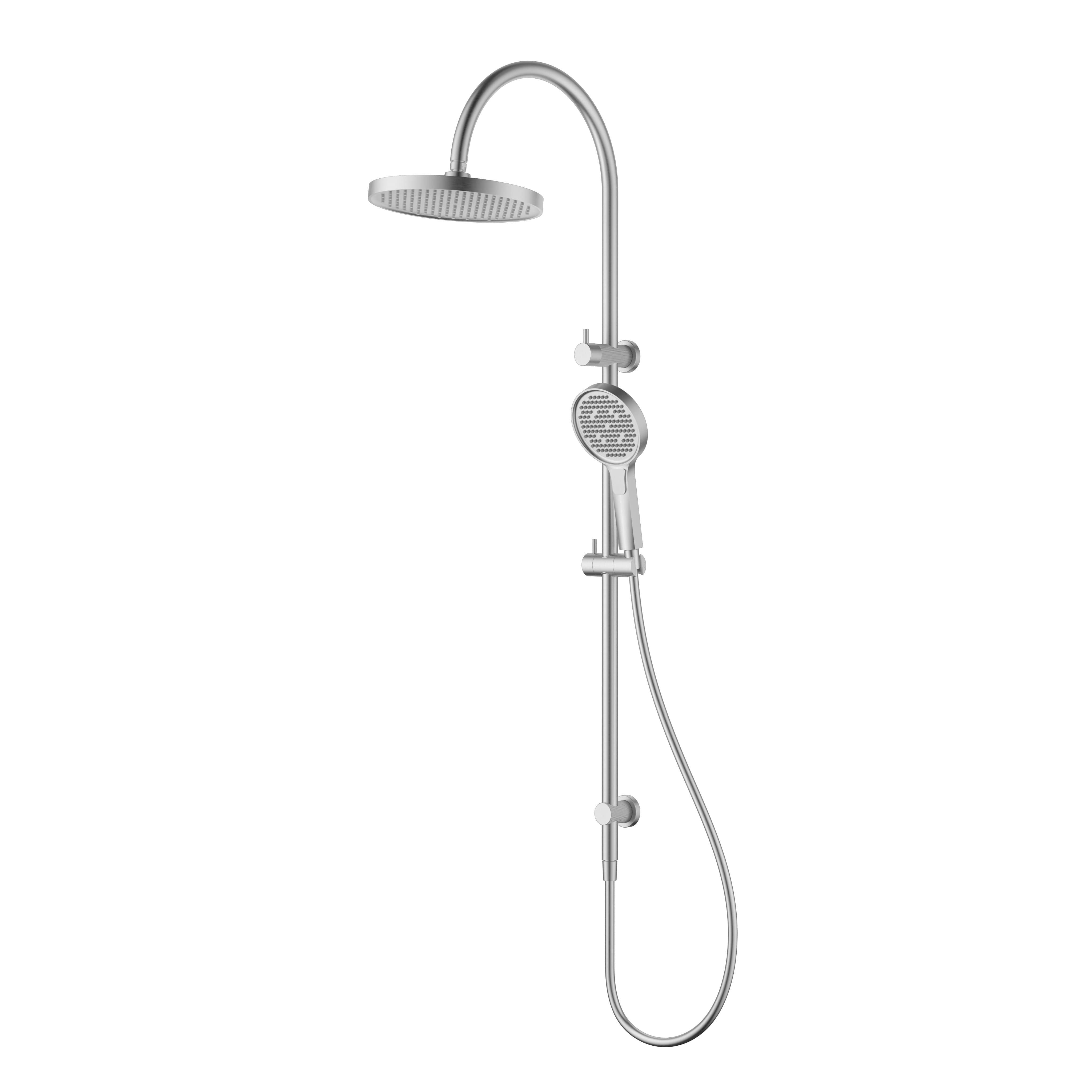 IKON Linie Round Multi-Function Twin Shower Set in Brushed Nickel finish on a white background